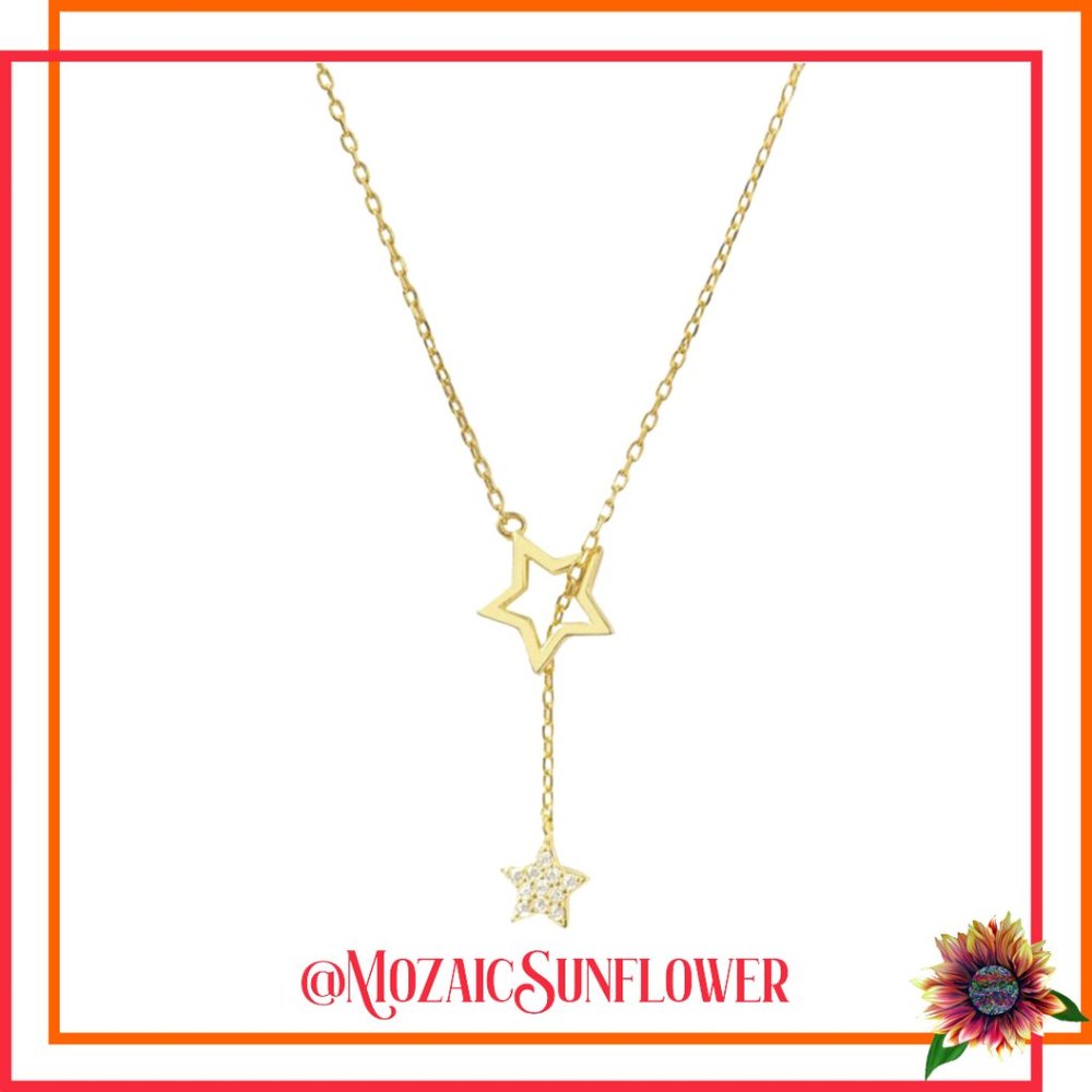 Gold Star Drop Lariat Necklace With Crystal Insets